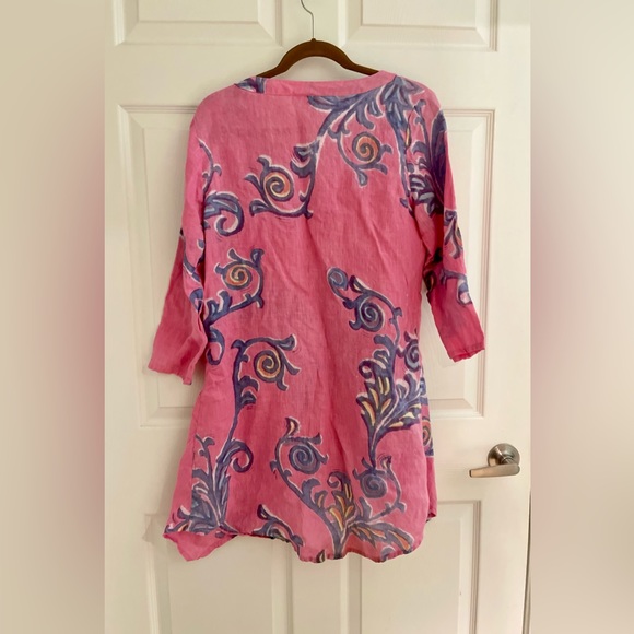 Womens Linen Top Blouse Dress Handpainted V-Neck Size M Winter Sun Pink - Picture 6 of 6